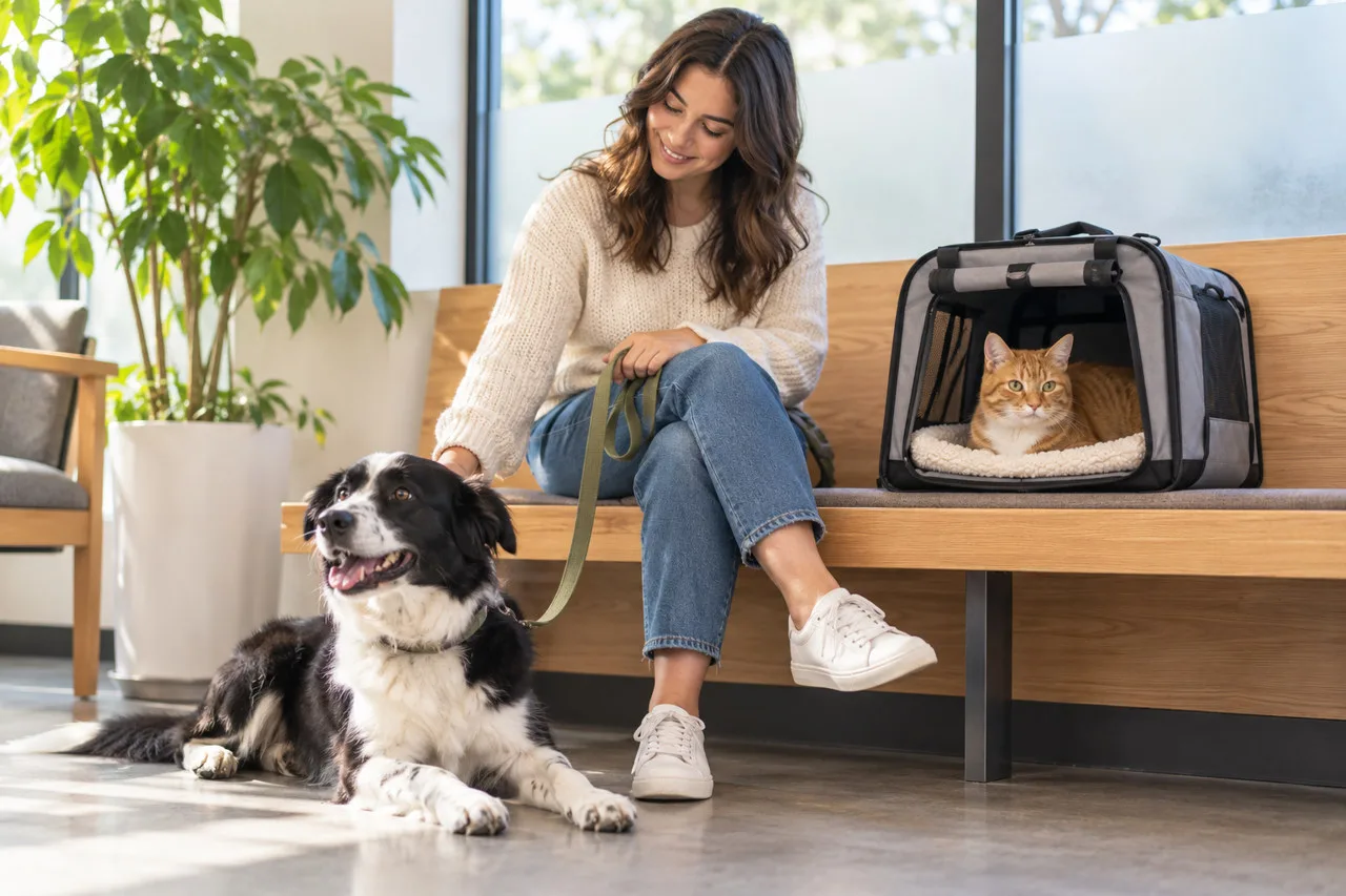 Owner at home with a dog, cat and pet carrier